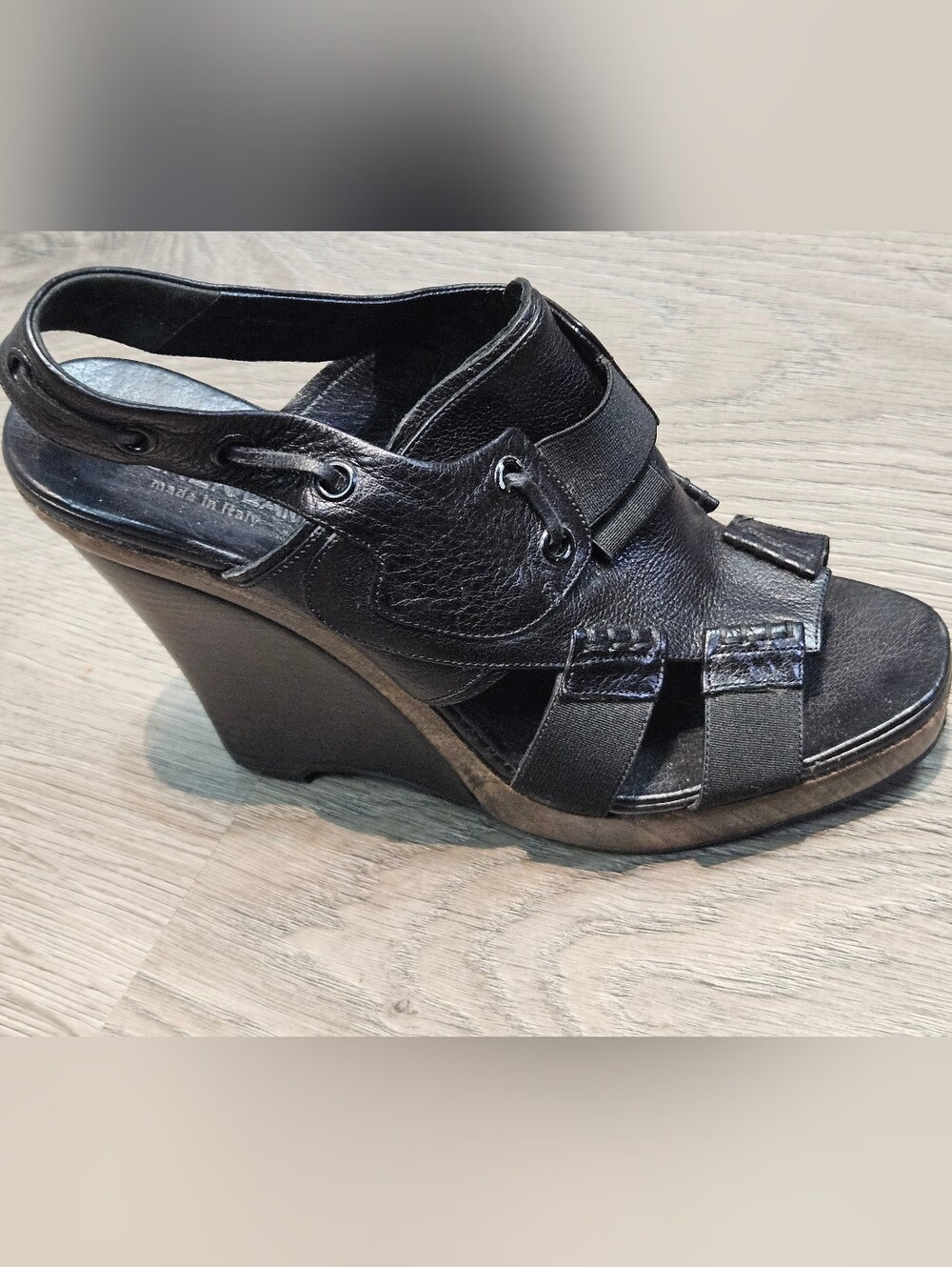 Vintage Derek Lam Black Leather Gladiator Wedge Sandal
